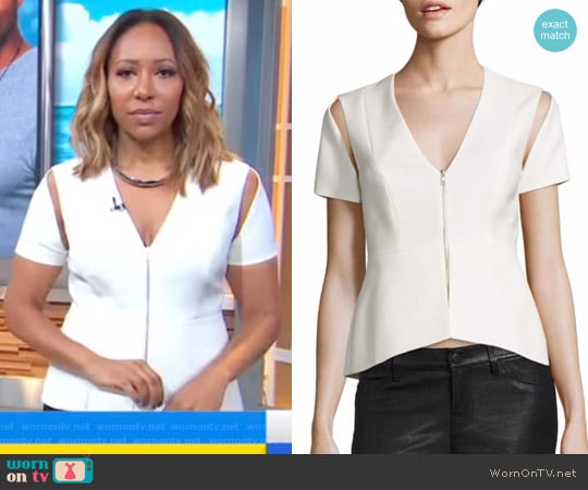 Zip V-Neck Cold Shoulder Top by Bcbgmaxazria worn by Mara Schiavocampo on Good Morning America worn by Mara Schiavocampo on Good Morning America