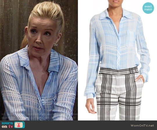 Diane von Furstenberg Carter Shirt in Darnley Hortensia Blue worn by Nikki Reed Newman (Melody Thomas-Scott) on The Young and the Restless