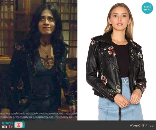 Embroidered Faux Leather Moto Jacket by BlankNYC worn by Isabelle Lightwood (Emeraude Toubia ) on Shadowhunters