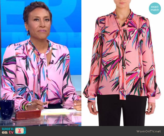 WornOnTV: Robin’s pink bamboo print tie neck blouse and black pants on ...