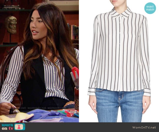 Frame Le Classic striped washed silk-charmeuse shirt worn by Steffy Forrester (Jacqueline MacInnes Wood) on The Bold and the Beautiful