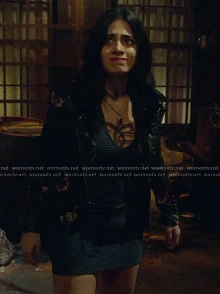 Isabelle’s black embroidered moto jacket and mini dress on Shadowhunters