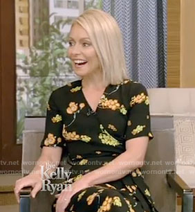 Kelly’s black floral wrap dress on Live With Kelly