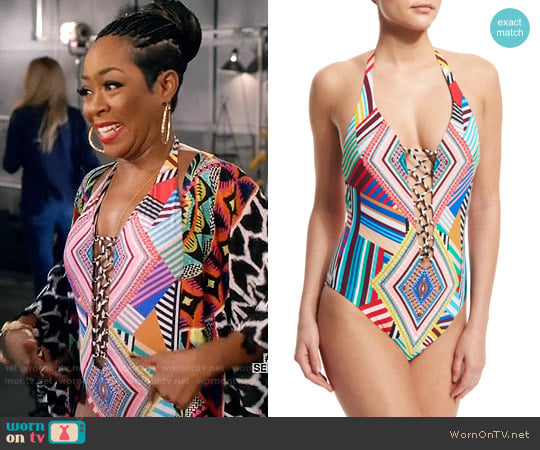Red Carter Mediterranean Vacation Plunge Lace Up One Piece Swimsuit worn by Mo Evans (Tichina Arnold) on Daytime Divas