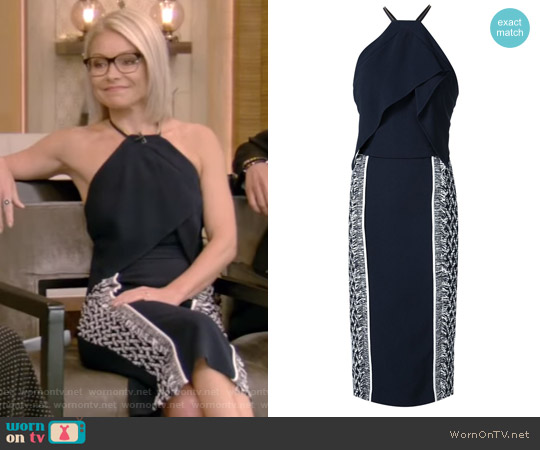 Navy Blue Side Print Halterneck Dress by Roland Mouret worn by Kelly Ripa on Live with Kelly and Mark