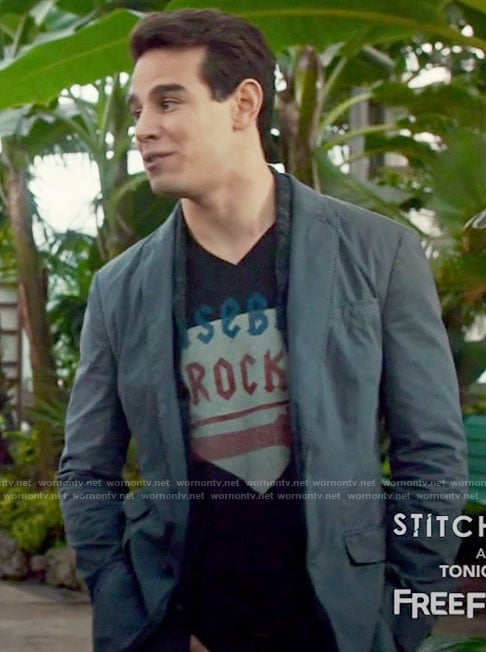 Simon’s black baseball rocks tee on Shadowhunters