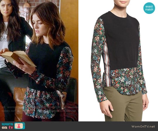 Veronica Beard Mellow Mixed-Media Cashmere Sweater worn by Aria Montgomery (Lucy Hale) on Pretty Little Liars