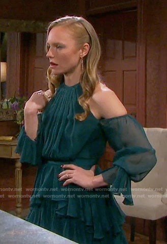 Abby’s teal green ruffled cold-shoulder dress on Days of our Lives