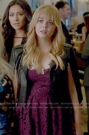 Ali's purple lace dress and leather cape on Pretty Little Liars