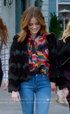 Aria's rainbow striped blouse on Pretty Little Liars