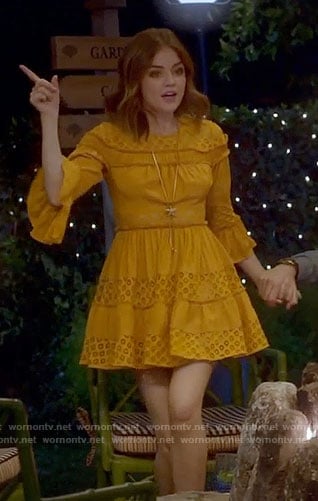 Aria’s yellow ruffled dress on Pretty Little Liars