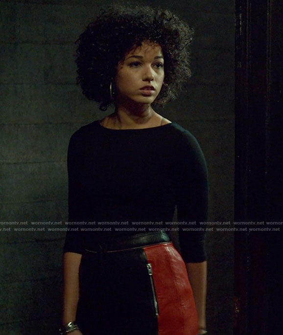 Maia's black lace-up back top and leather mini skirt on Shadowhunters