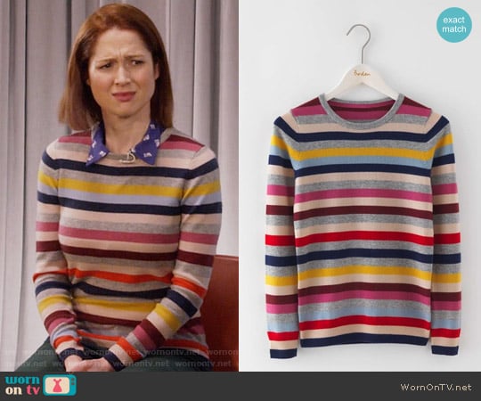 Boden Cashmere Crew Neck Sweater in Multi Stripe worn by Kimmy Schmidt (Ellie Kemper) on Unbreakable Kimmy Schmidt