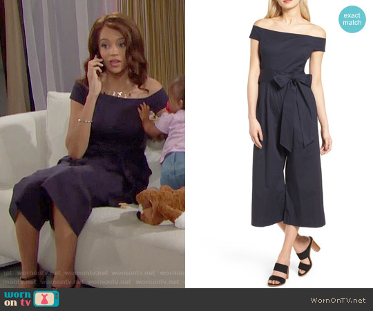 Chelsea28 Off the Shoulder Culotte Jumpsuit worn by Nicole Avant (Reign Edwards) on The Bold and the Beautiful