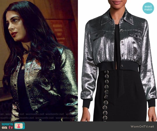 Kane Metallic Cropped Jacket by Cinq a Sept worn by Isabelle Lightwood (Emeraude Toubia ) on Shadowhunters