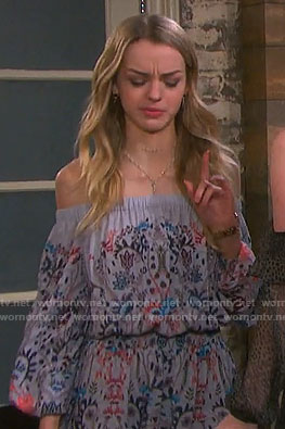 Claire’s embroidered off shoulder romper on Days of our Lives