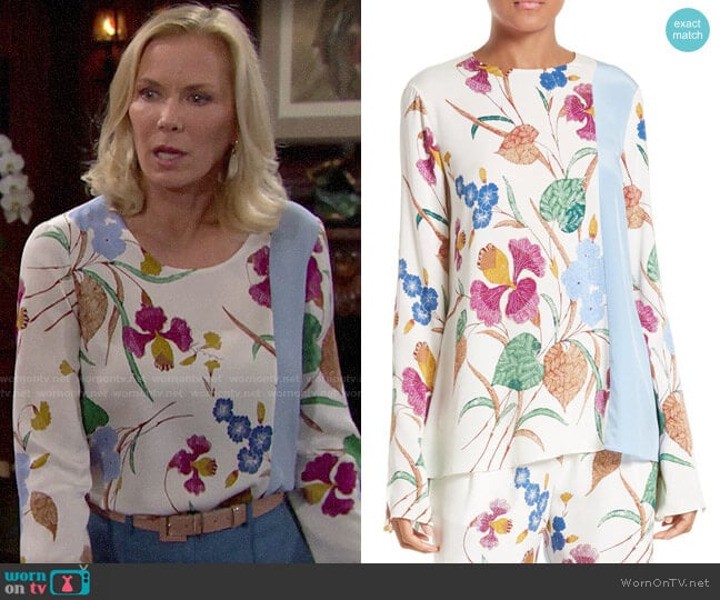 Diane von Furstenberg Slit Sleeve Print Stretch Silk Blouse worn by Brooke Logan (Katherine Kelly Lang) on The Bold and the Beautiful