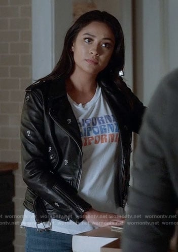 Emily's California tee and palm tree studded leather jacket on Pretty Little Liars