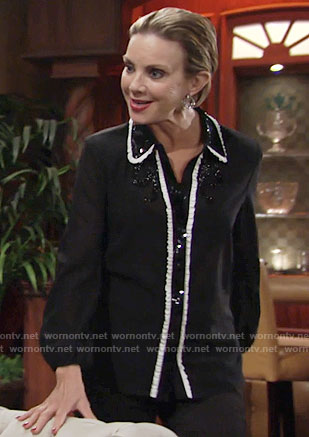 Gloria's black sequin shirt with white ruffle trim on The Young and the Restless