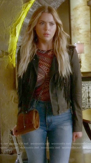 Hanna's printed top and fringed leather jacket on Pretty Little Liars
