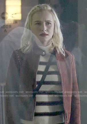 Juliette’s striped sweater and studded suede jacket on Nashville