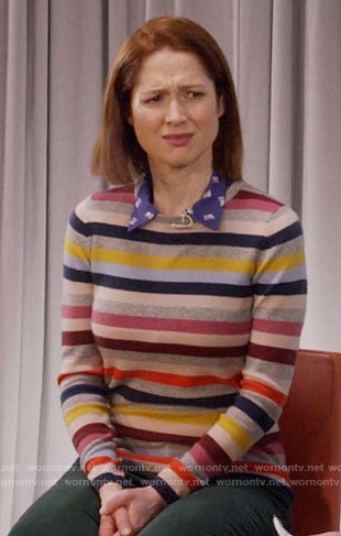 Kimmy's multi colored striped sweater and pink boots on Unbreakable Kimmy Schmidt