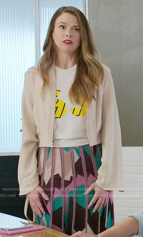 Liza’s geometric print skirt and drawstring sleeve jacket on Younger