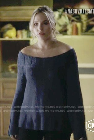 Maddie’s blue off-shoulder sweater on Nashville