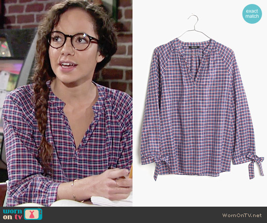 Madewell Tie-sleeve Popover Top in Whitby Plaid worn by Mattie Ashby (Lexie Stevenson) on The Young and the Restless