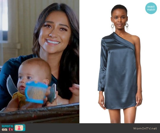 Michelle Mason Asymmetrical Lapel Shift Dress worn by Emily Fields (Shay Mitchell) on Pretty Little Liars