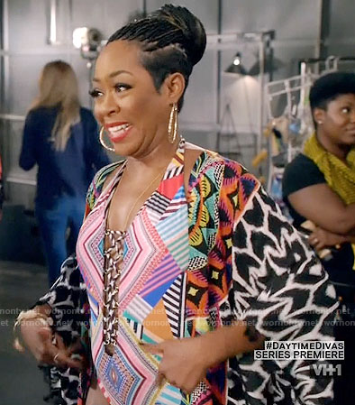 Mo’s printed lace-up swimsuit and kimono on Daytime Divas
