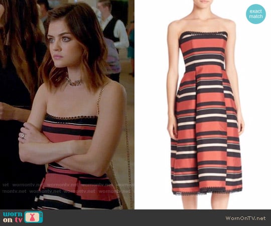 Nicholas Striped Strapless Dress worn by Aria Montgomery (Lucy Hale) on Pretty Little Liars