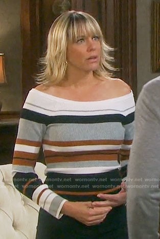 Nicole’s striped off-shoulder sweater on Days of our Lives