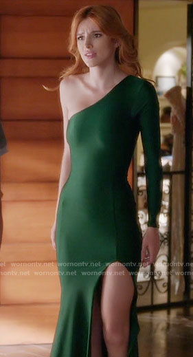 Paige’s green one-sleeve gown on Famous in Love