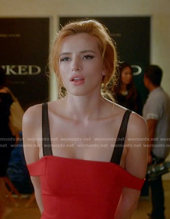 Paige’s red off-shoulder dress with black straps on Famous in Love