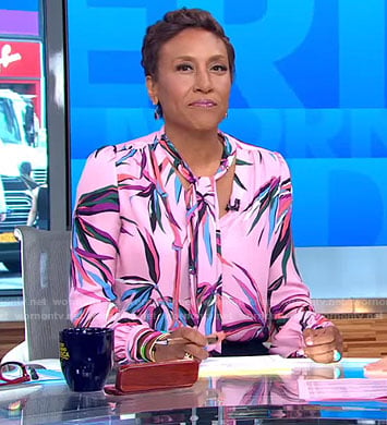 Robin’s pink bamboo print tie neck blouse and black pants on Good Morning America