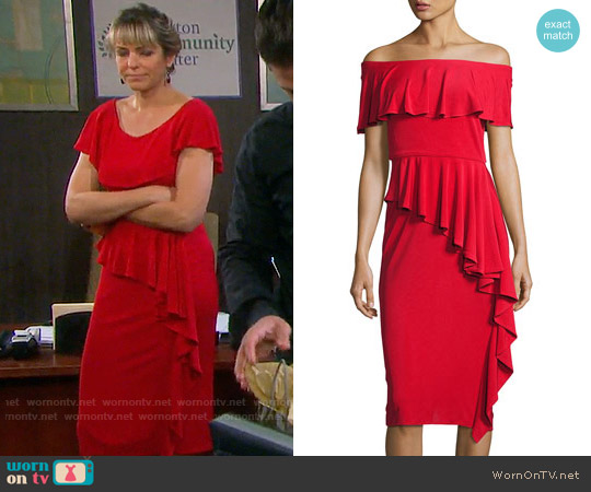 Rickie Freeman for Teri Jon Off-the-Shoulder Draped Jersey Sheath Dress worn by Nicole Walker (Arianne Zucker) on Days of our Lives