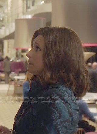 Selina’s blue snake print trench coat on Veep