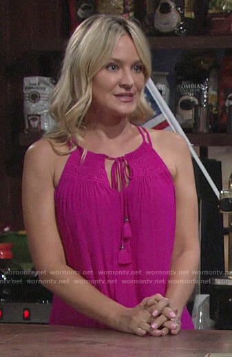 Sharon’s pink tassel tie top on The Young and the Restless
