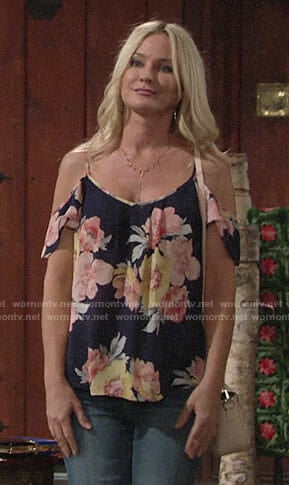 Sharon’s floral off shoulder top on The Young and the Restless