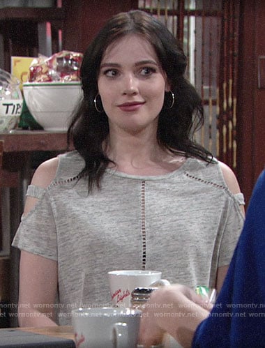 Tessa’s grey cold shoulder top on The Young and the Restless