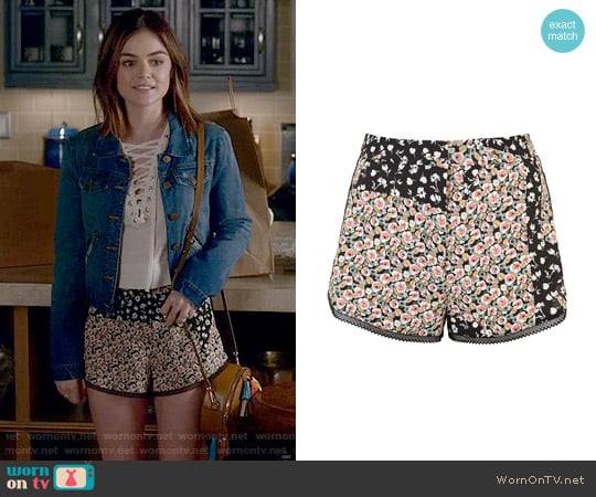 Topshop 'Ditsy' Patchwork Runner Shorts worn by Aria Montgomery (Lucy Hale) on Pretty Little Liars