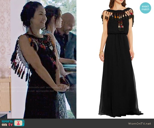 Celia Dragoun Tasseled silk-chiffon maxi dress worn by Marianne (Jae Suh Park) on Friends from College