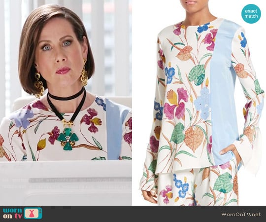 Diane von Furstenberg Slit Sleeve Print Stretch Silk Blouse worn by Diana Trout (Miriam Shor) on Younger