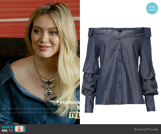 Exclusive for Intermix Beatriz Off Shoulder Chambray Top worn by Kelsey Peters (Hilary Duff) on Younger