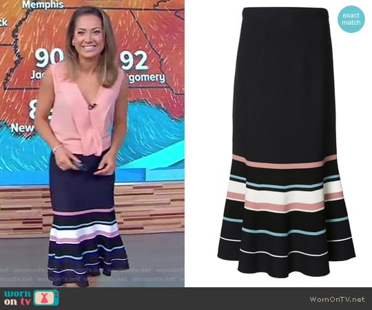 WornOnTV: Ginger’s pink ruffle front top and black striped skirt on ...