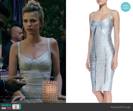 Judith Foiled Metallic Bandage Dress by Herve Leger worn by Freya Mikaelson (Riley Voelkel) on The Originals