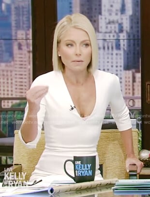 Kelly’s white elbow sleeved sheath dress on Live with Kelly and Ryan