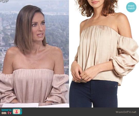 Gathered Satin Off-the-Shoulder Top by Leith worn by Catt Sadler on E! News