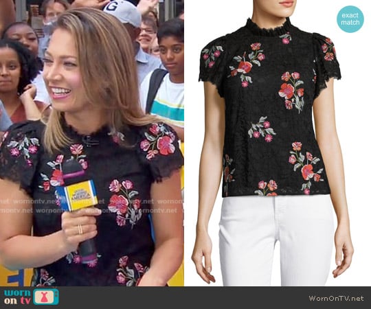 Short-Sleeve Floral-Embroidered Lace Top by Rebecca Taylor worn by Ginger Zee on Good Morning America